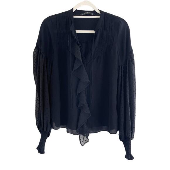 ZARA Ruffle Swiss Dot Sheer Balloon Sleeve Blouse Black Size Small 0632C - Picture 1 of 9